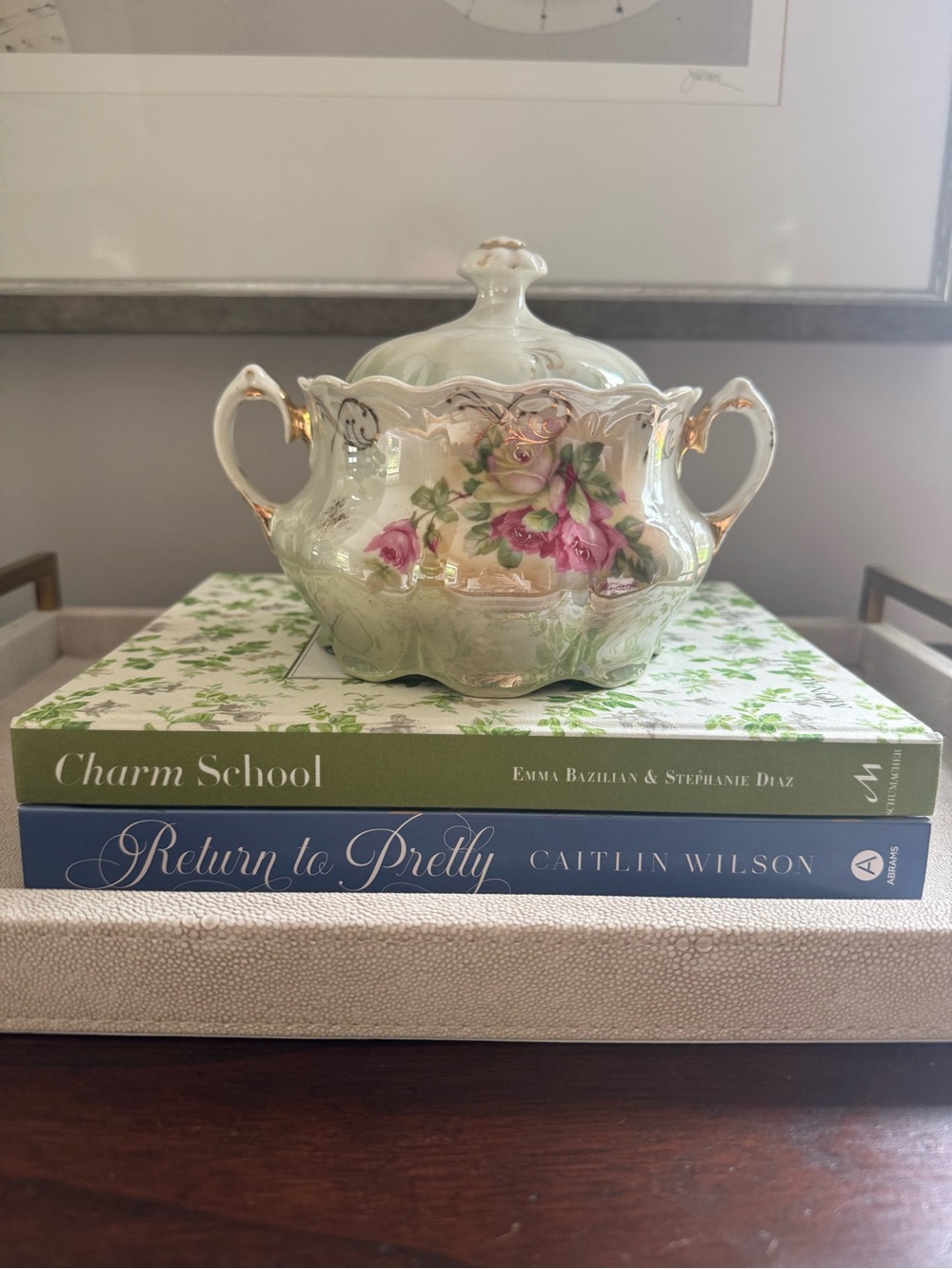 Antique Ebeling Reuss E&R Germany Lusterware Covered Sugar Bowl Pink Rose c.1910 - Picture 2 of 6